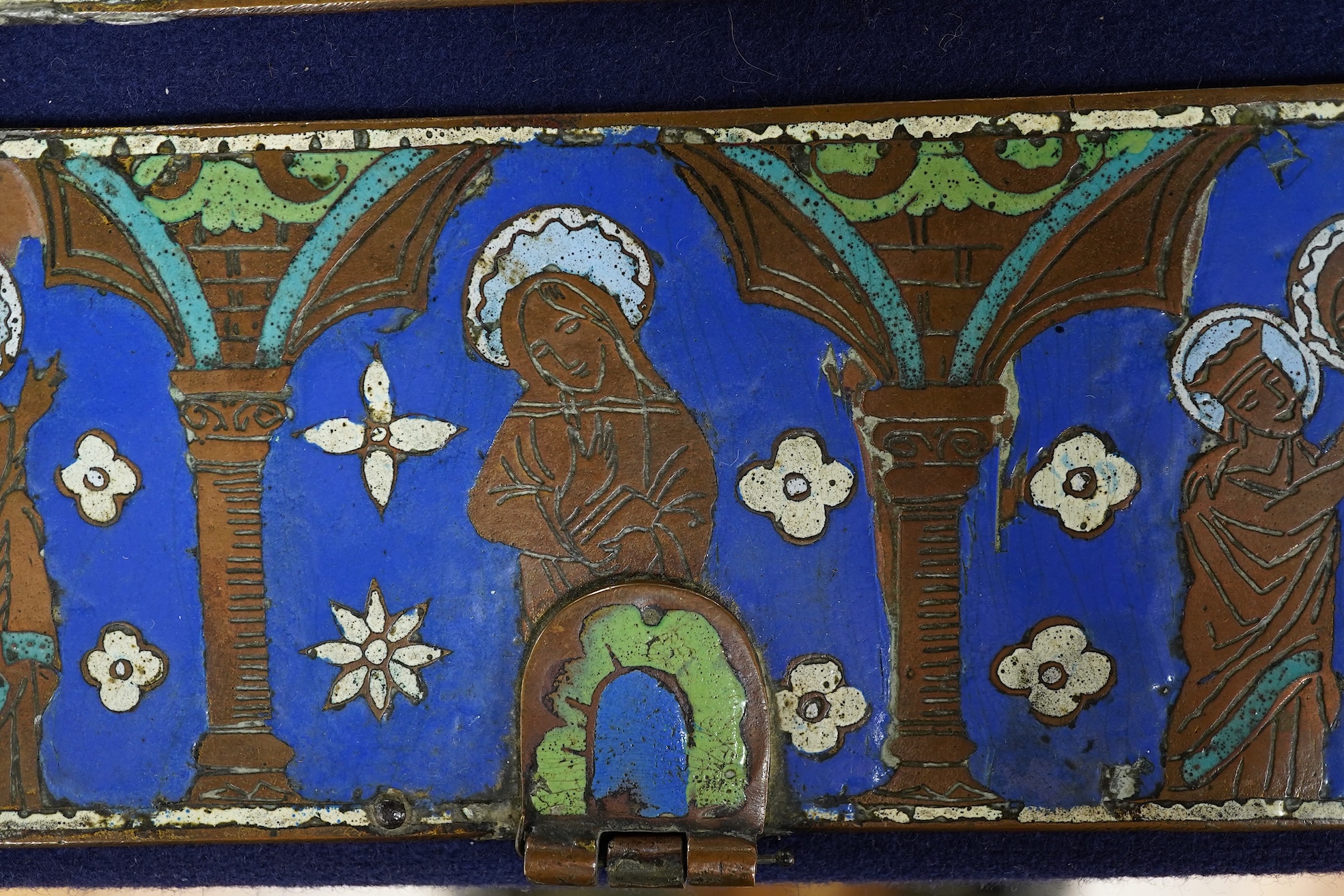 Two Limoges enamel and brass panels in medieval style, related Philips auction catalogue, 7.5 x 22cm